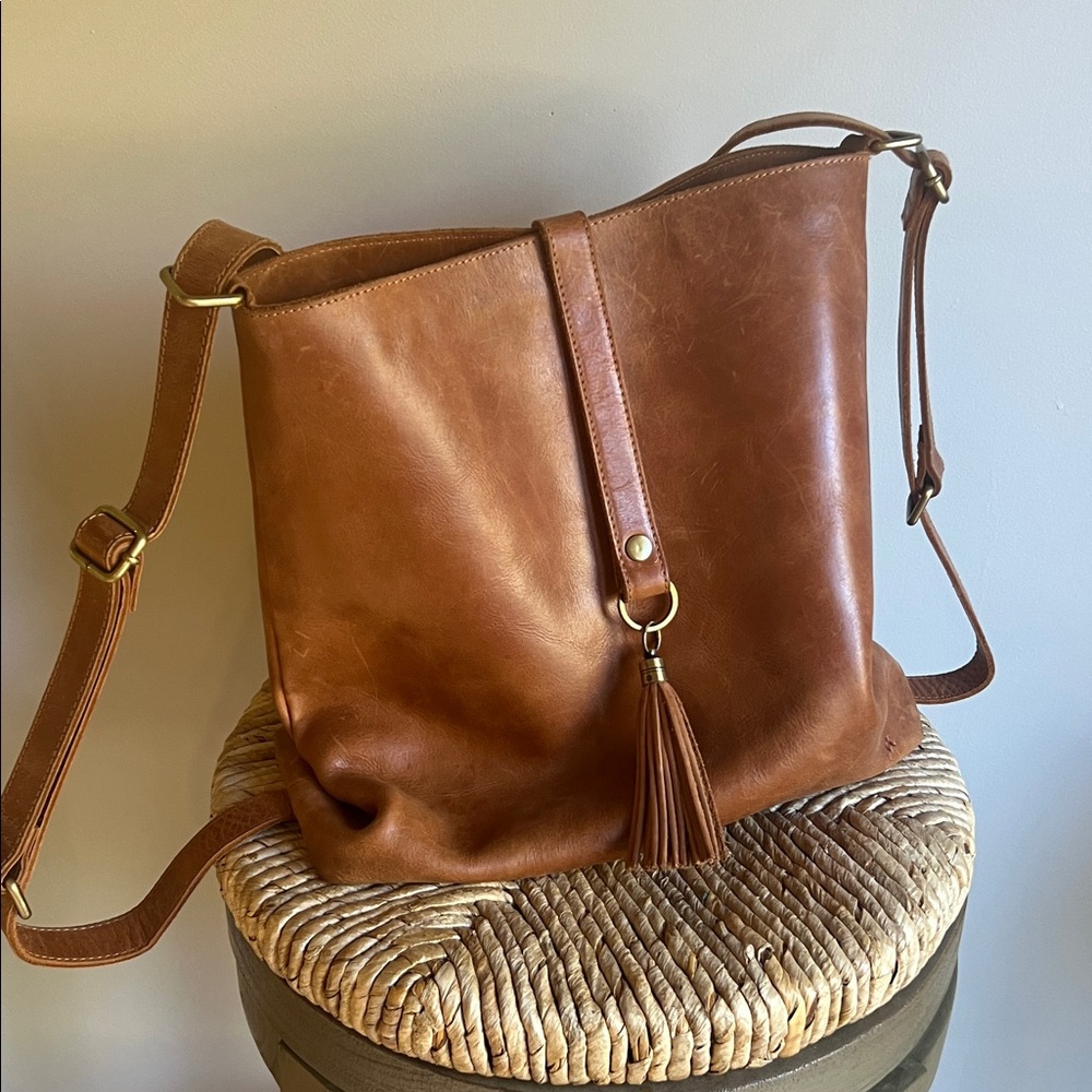 Large Elevate People Brown Leather Bucket Bag with Tassel